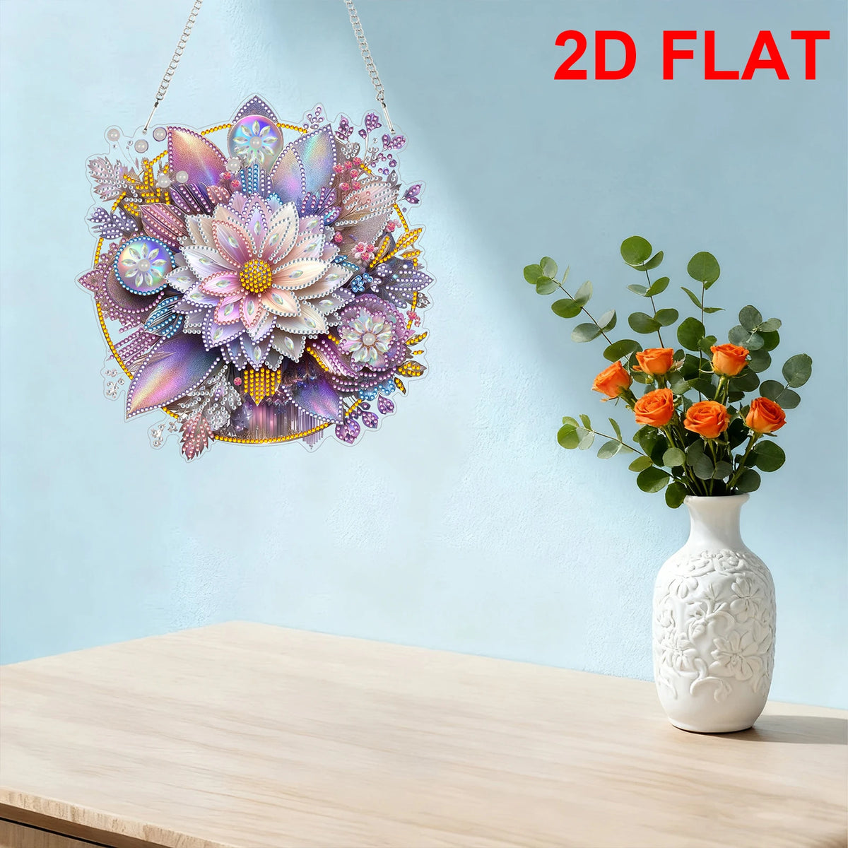 décoration murale artisanale peinture diamant motif floral violet blanc doré vert rose