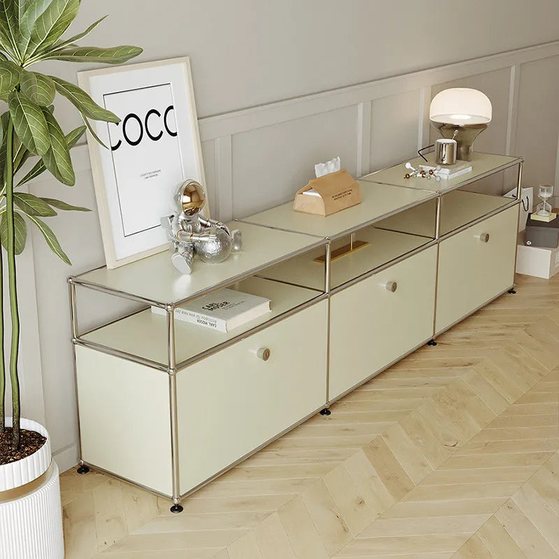 meuble rangement moderne 180cm 3tiroirs 2tablettes beige clair bois matériau multifonction salon chambre