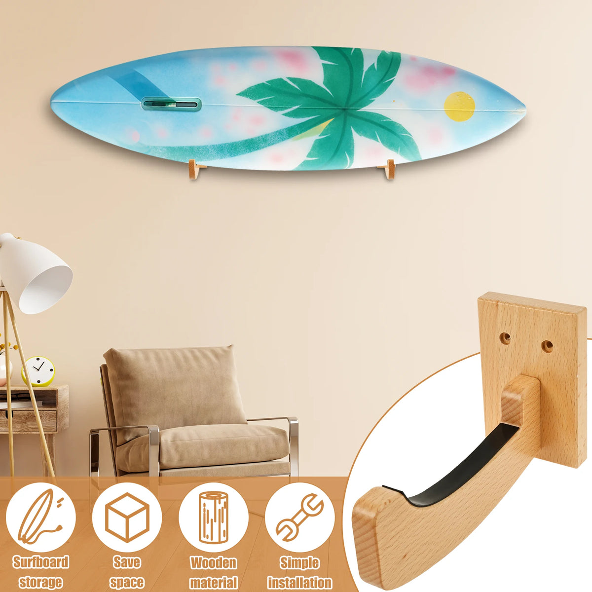 support mural bois planche surf cintre vis expansion moderne orange noir gris vert bleu