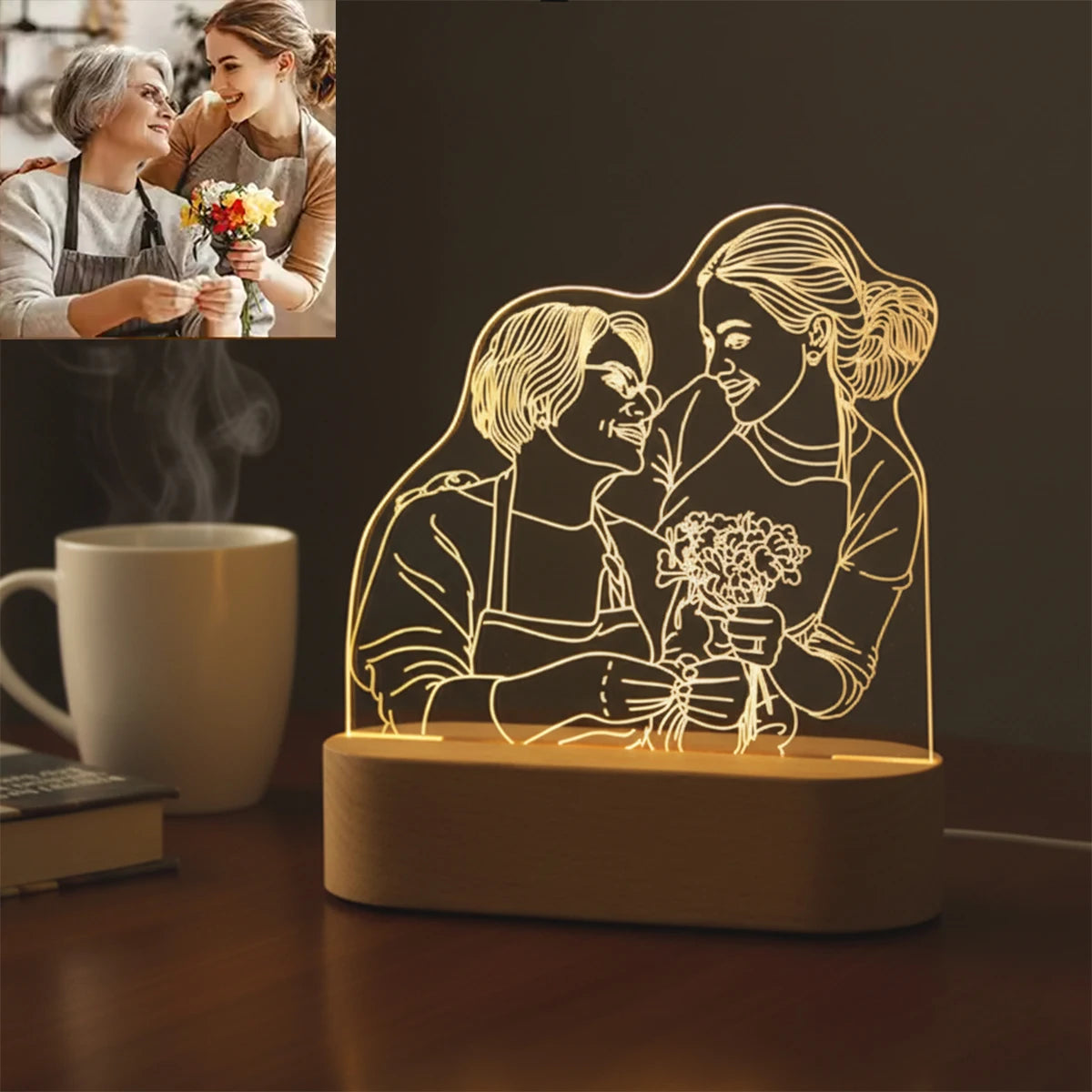 veilleuse lampe poser bois naturel dessin deux personnes fleurs gravure moderne minimaliste câble alimentation