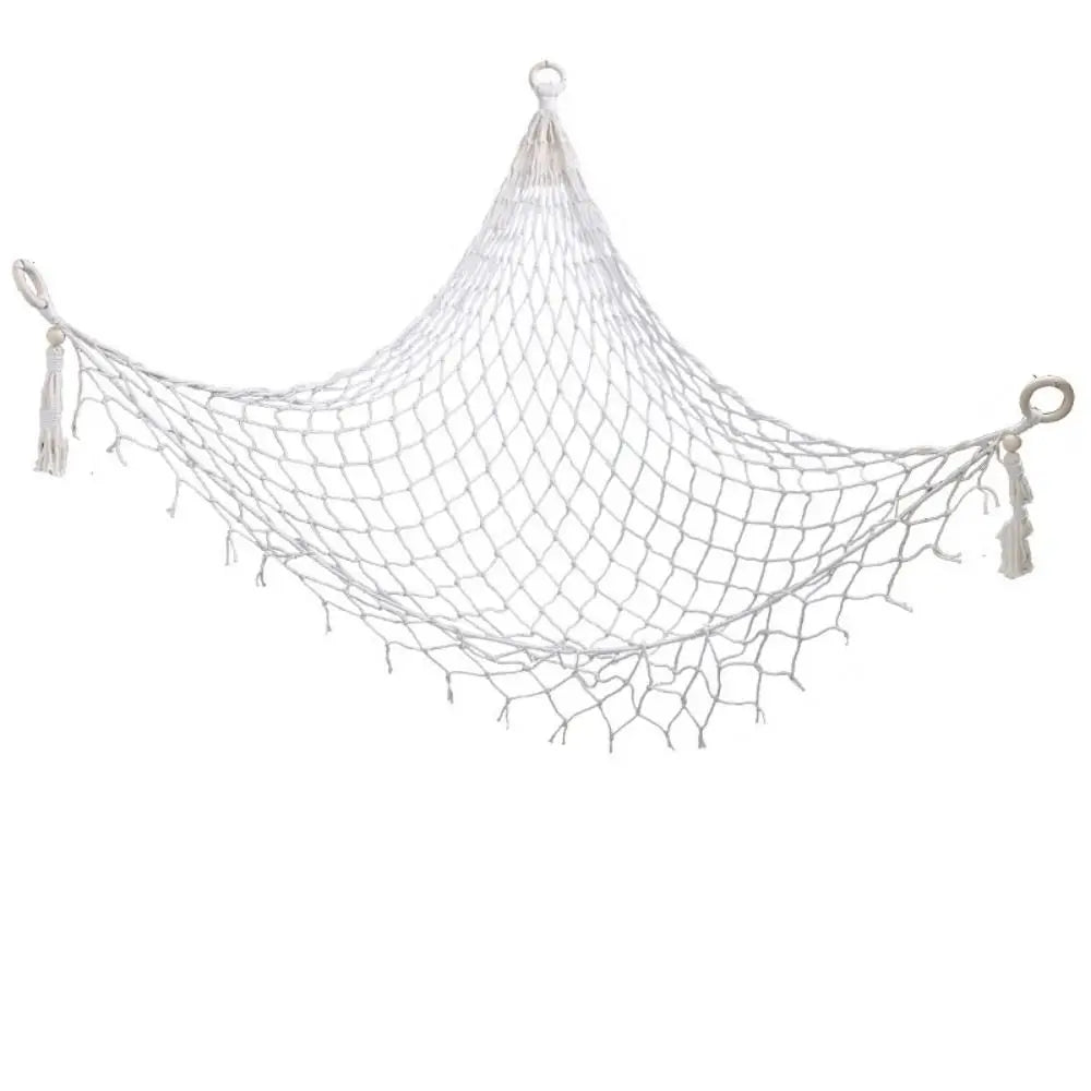 filet suspendu rose blanc maille régulière franges anneaux métalliques réutilisable créatif artisanal