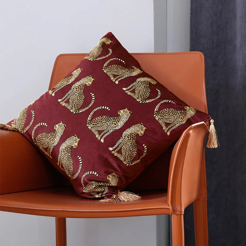 coussin imprimé léopard doré moderne adhésif tassel velours polyester carré decoration 45x45cm 30x50cm
