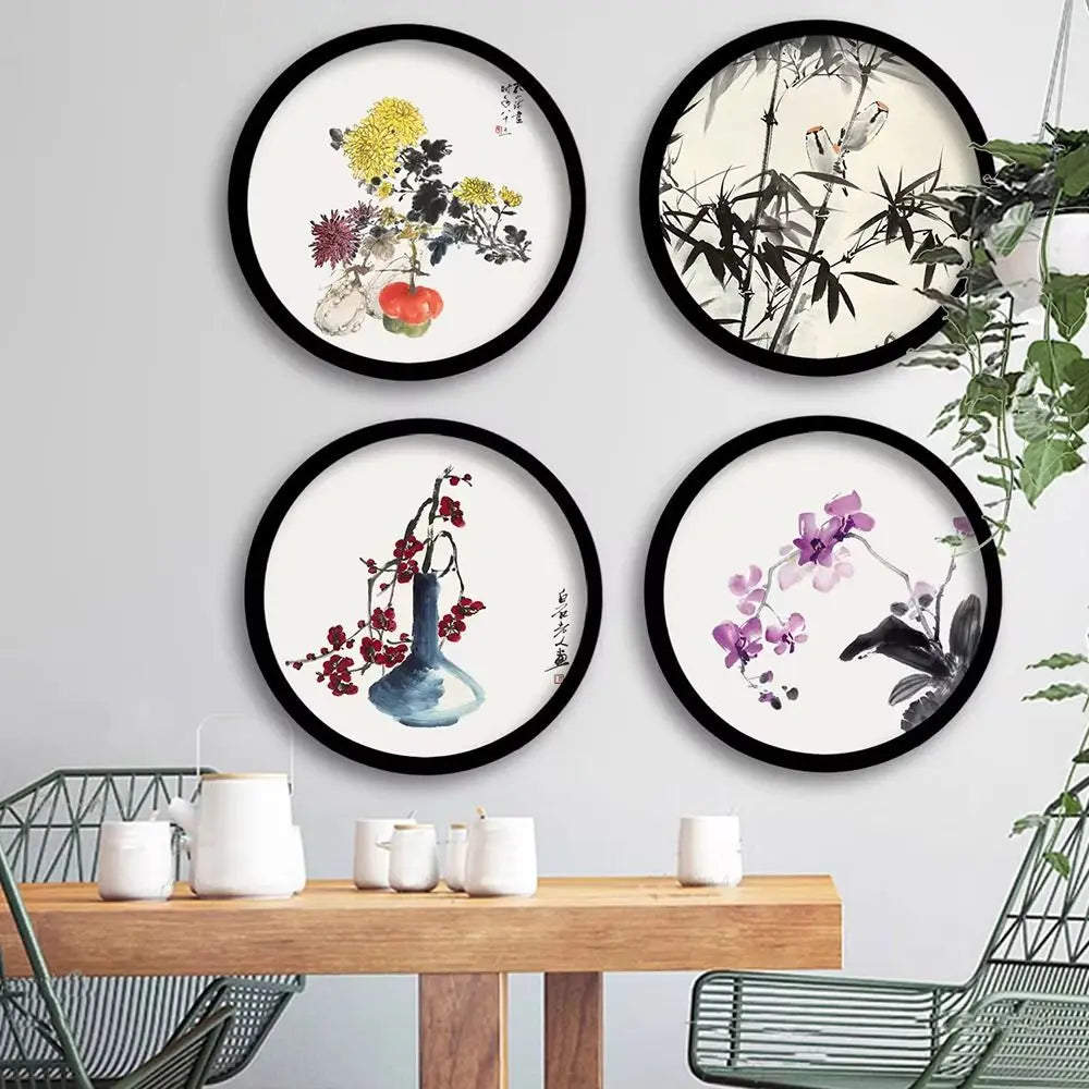 cadre mural fleurs texte chinois noir beige art traditionnel