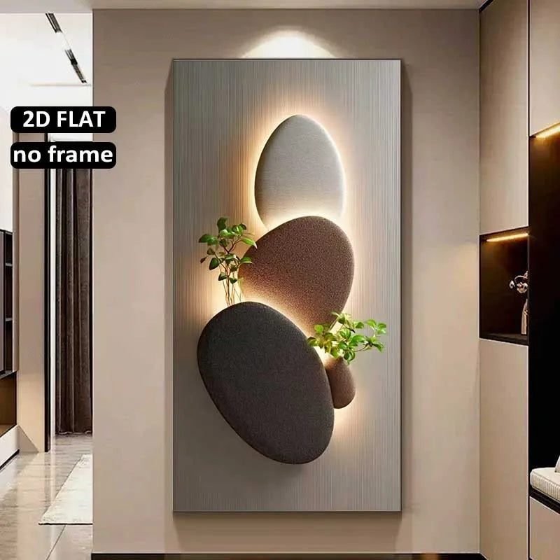 tableau mural moderne abstract pierres sculptées végétation gris beige vert minimaliste sans cadre toile