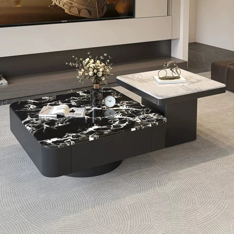 table basse carrée salon minimaliste marbre noir blanc tiroir métal solide