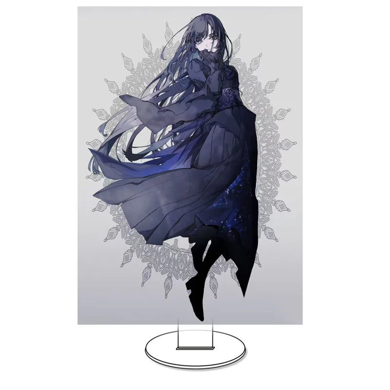figurine anime bleu noir gris broderie plissé feuilles support circulaire acrylique