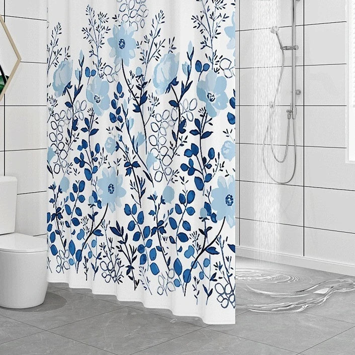 rideau douche peva fleurs stylisées blanc bleu moderne opacité 120cm 150cm 180cm 200cm 240cm