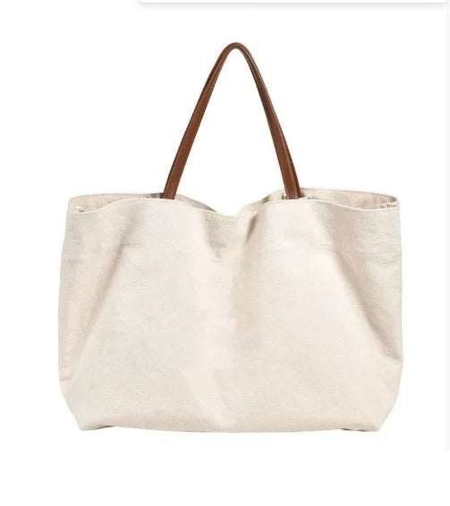 sac main toile crème noir uni décontracté poignées cuir grande capacité portable quà personnalisé