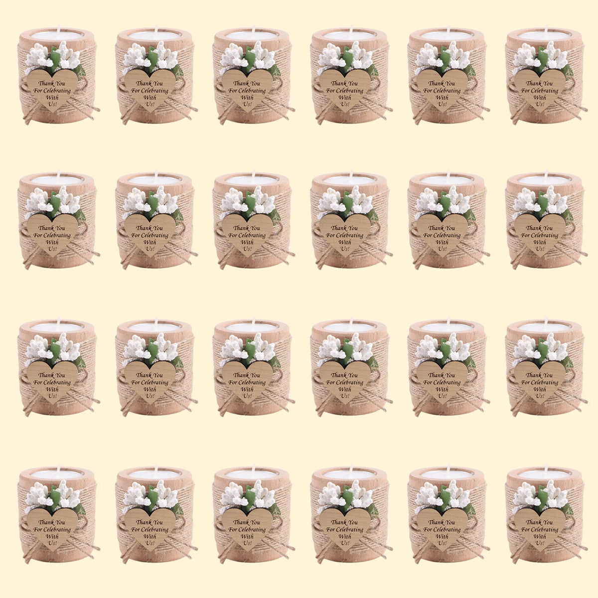 bougies poser blanc motif papier kraft fleurs blanches étiquette cœur rustique mariage remerciement 12