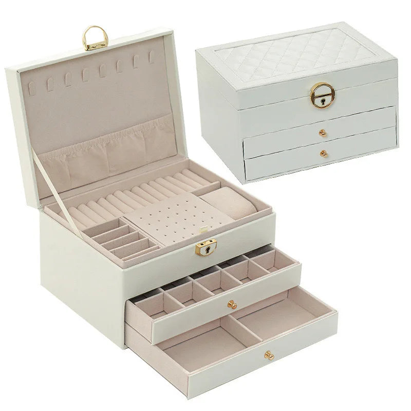 boîte rangement bijoux cuir motifs géométriques compartiments velours classique vert noir blanc rose chic