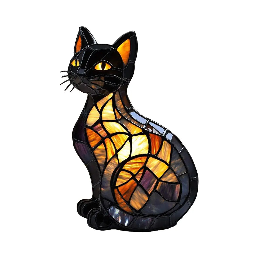 lampe poser chat mosaïque couleur art déco noir orange jaune bleu vert violet