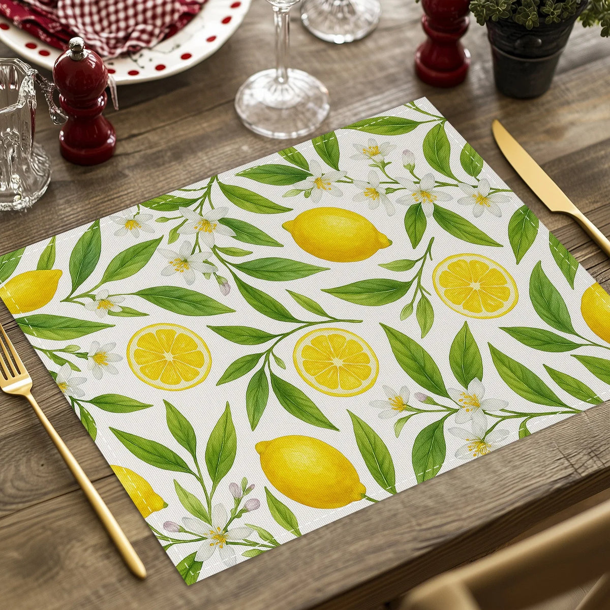 tapis table lin citrons feuilles fleurs blanches été printemps moderne naturel