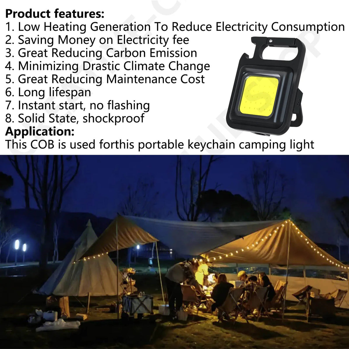 lumières led cob 5w 7000k 10000hanches 24x24mm 120degres camping portable
