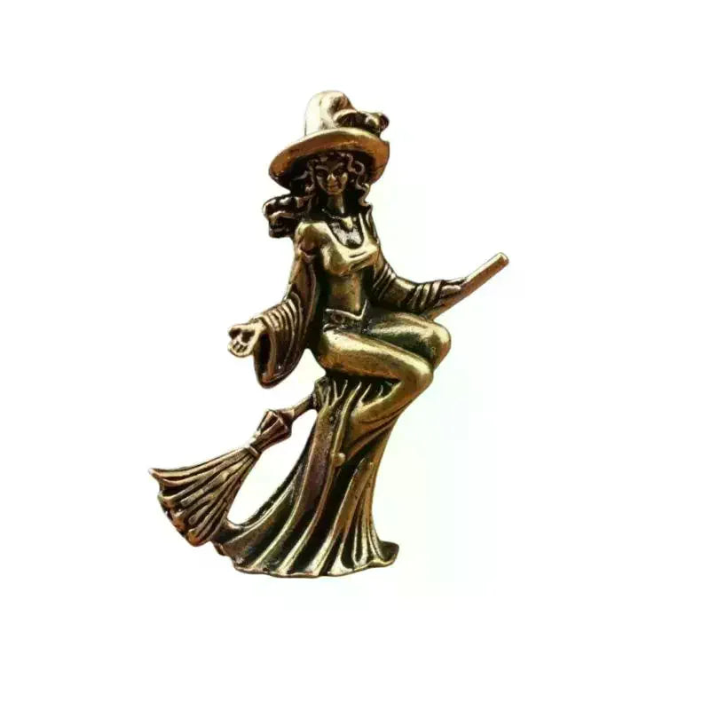 statuette bronze féminine robe longue chapeau pointu balai artisanale vintage décoration intérieure salon entrée