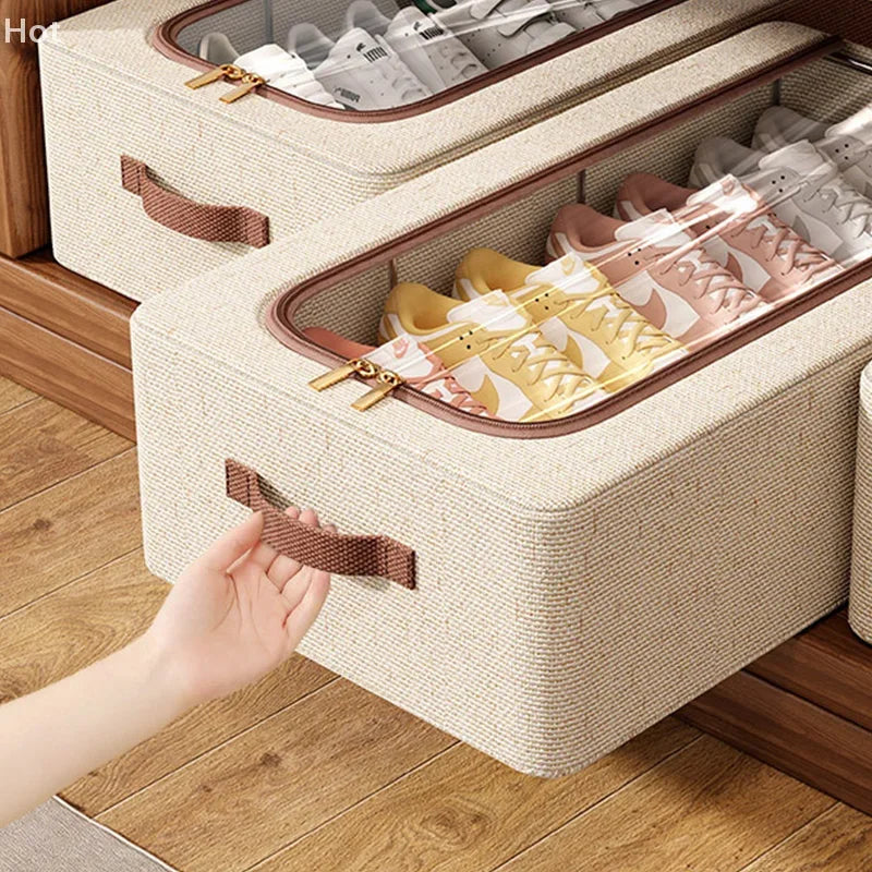 boîte rangement pliable chaussures tissu lin moderne poignées robustes transparente conteneur storage
