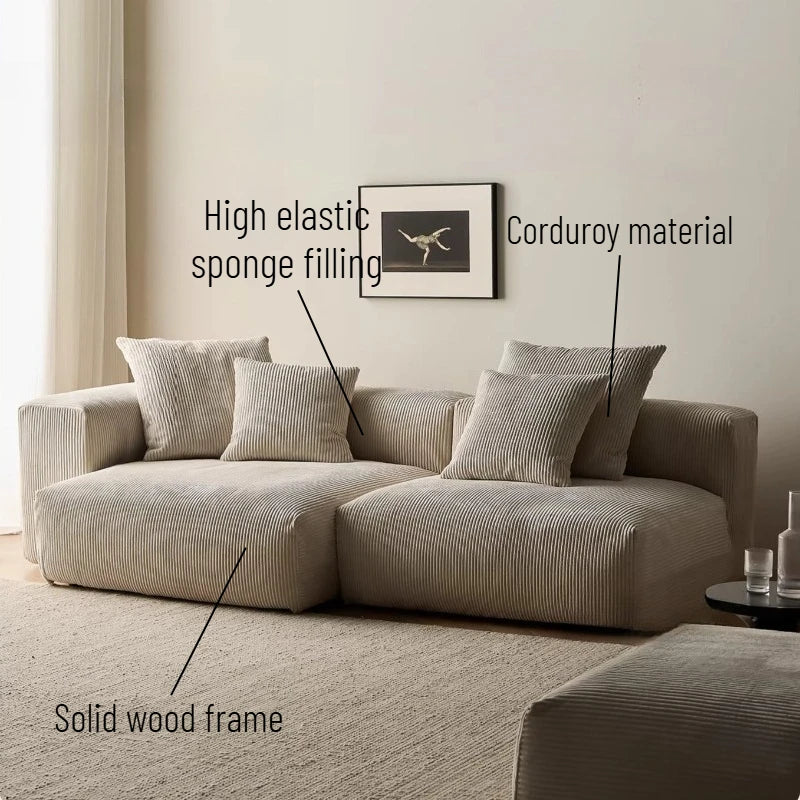 canapé modulaire velours rayures beige clair moderne salon bois oreillers minimaliste