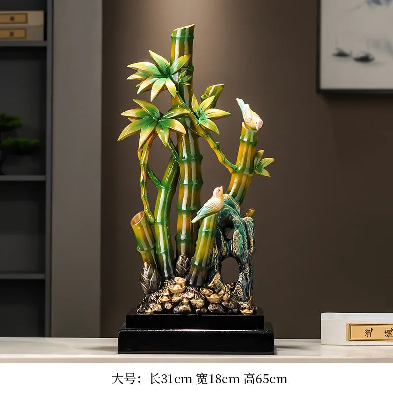 sculpture décorative bambou oiseaux vert marron asiatique traditionnel résine verte jaune