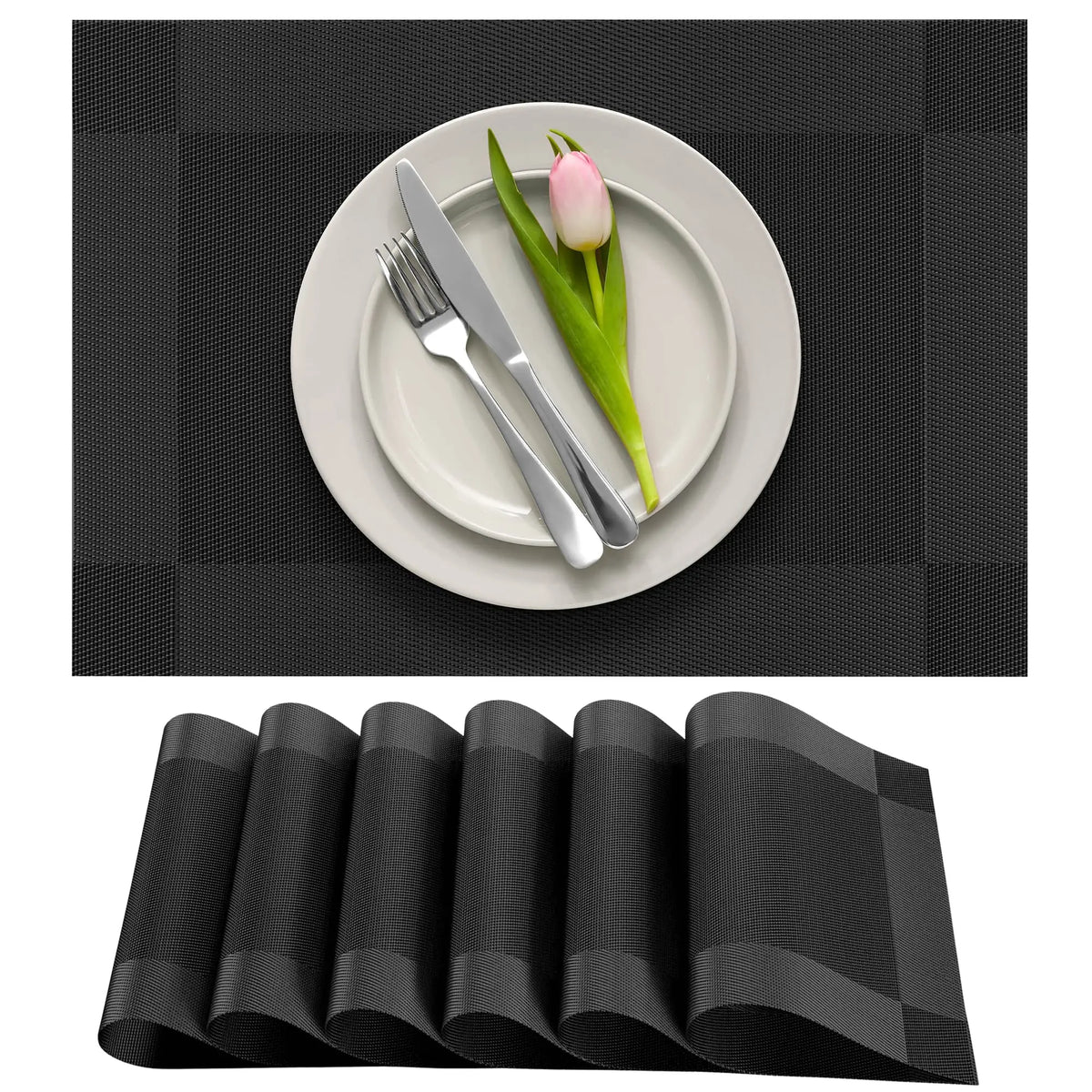 tapis table noir carreaux blancs moderne respectueux environnement 30x45cm assiette fourchette couteau serviette fleur