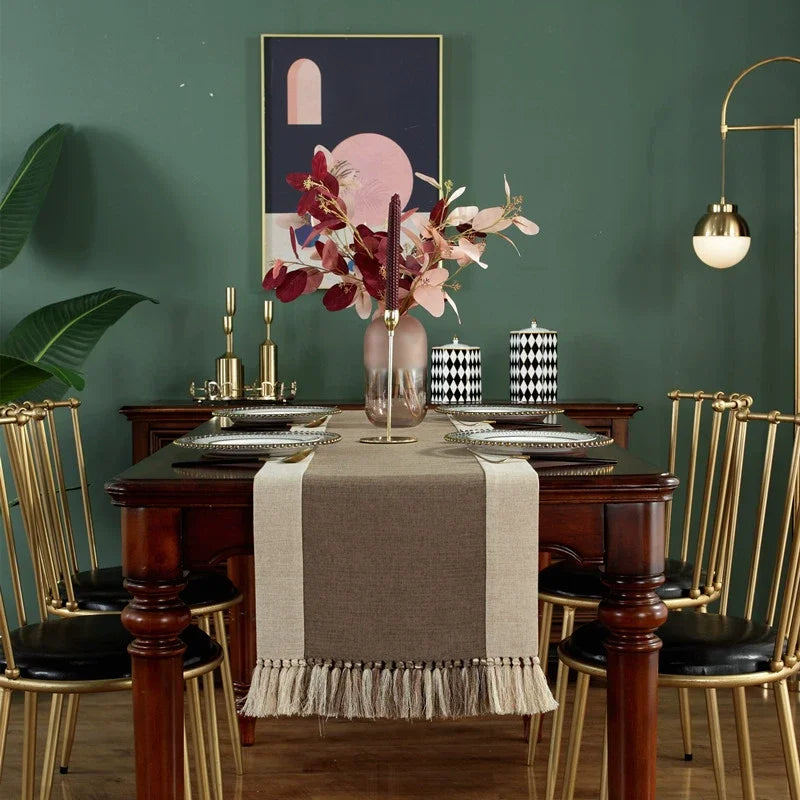 table cheminement lin naturel patchwork beige marron classique maison festif deco