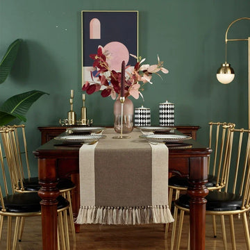 table cheminement lin naturel patchwork beige marron classique maison festif deco