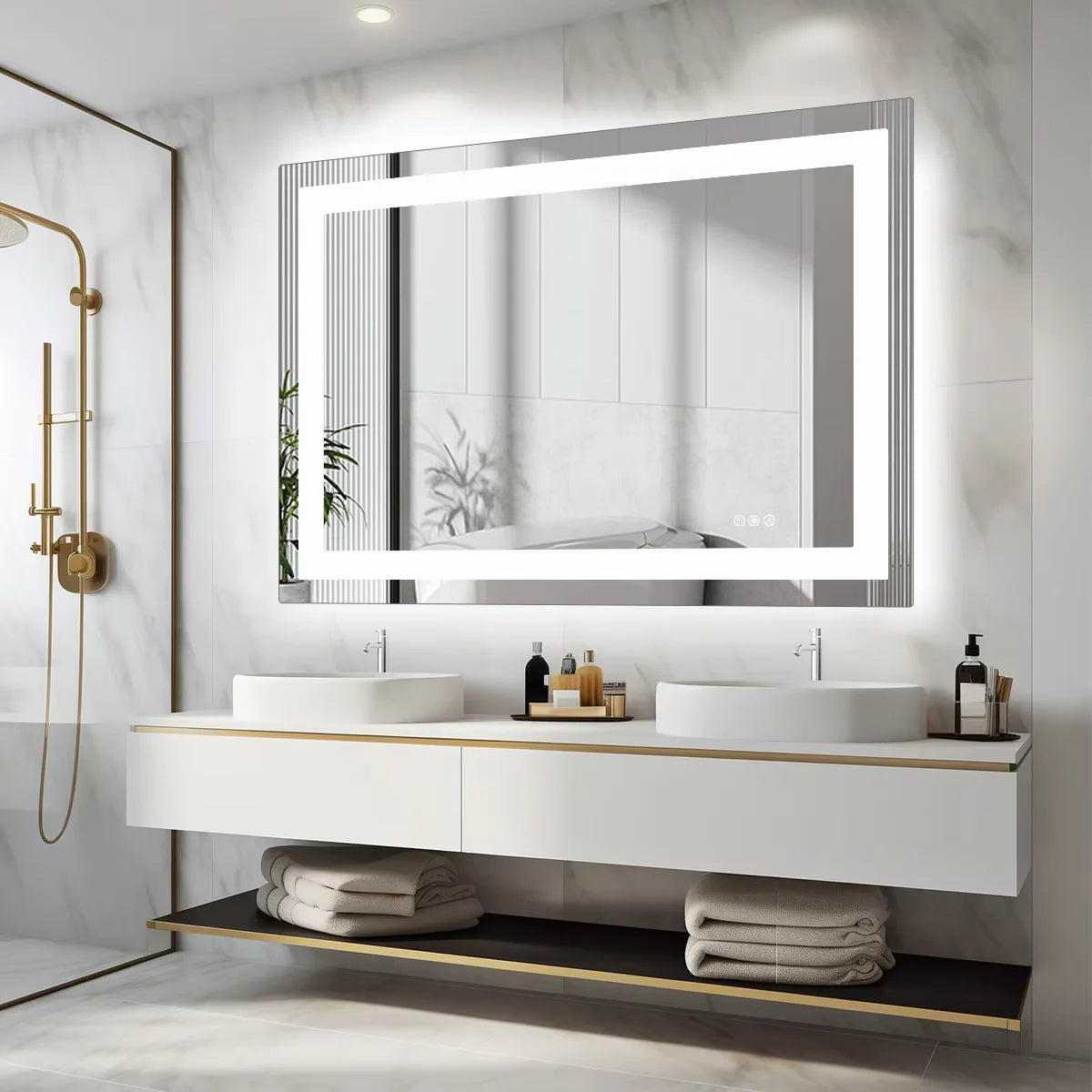 meuble salle bain moderne vasque encastrable led blanc texture bois marbre étagères accessoires minimaliste