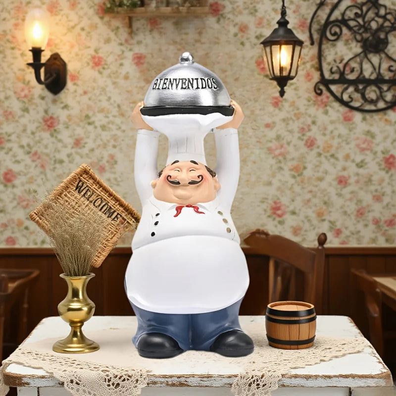 statue cuisinier blanc bleu souriant chapeau tablier welcome bienvenidos extérieur intérieur
