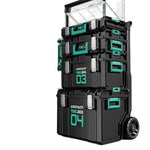 boîte outils modulaire noire verte pratique robuste poignées roulettes empilable grande capacité