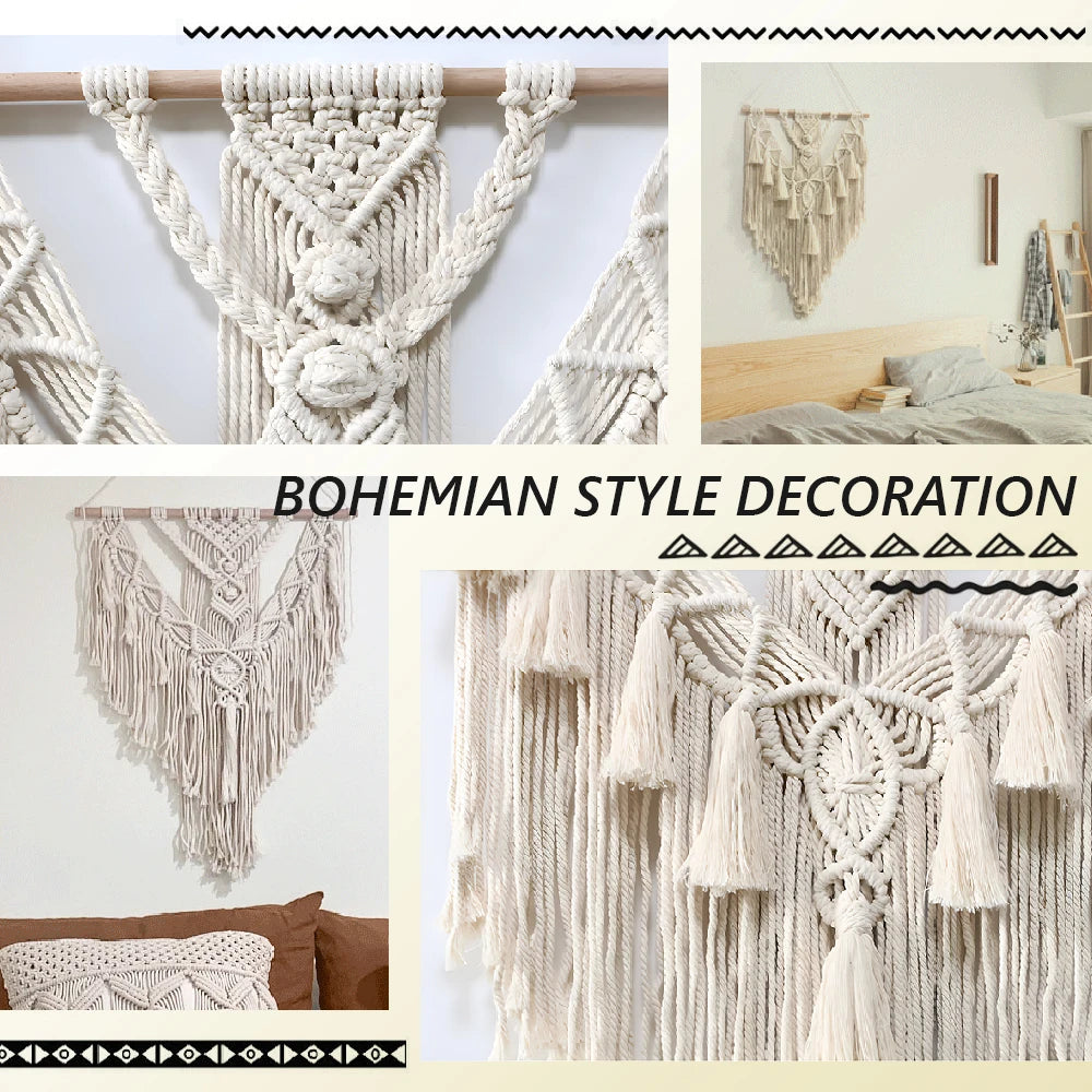 décoration murale boho chic macramé franges beige clair tissu main fixations crochets