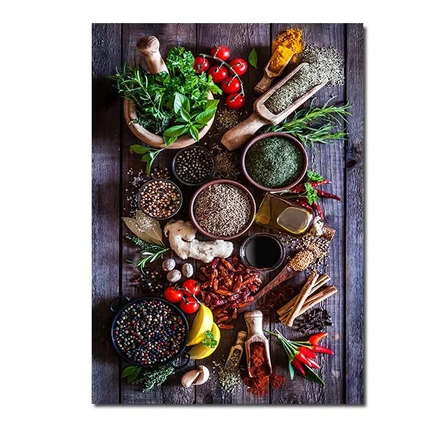 décoration murale art culinaire herbes épices condiments toile impression sans cadre vertical