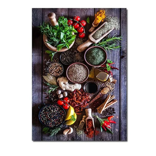 décoration murale art culinaire herbes épices condiments toile impression sans cadre vertical
