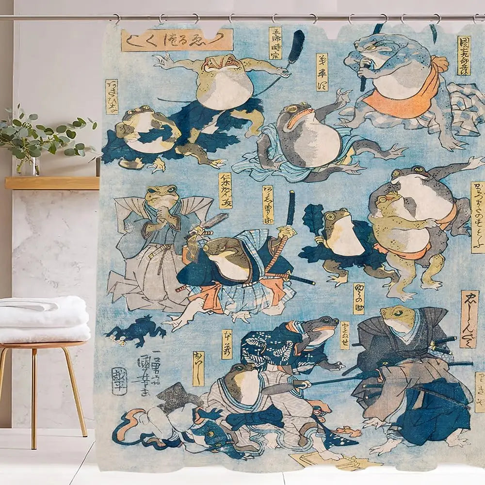 rideau douche japonais grenouilles motifs traditionnels bleu clair beige salle bains opacité illustration folklorique