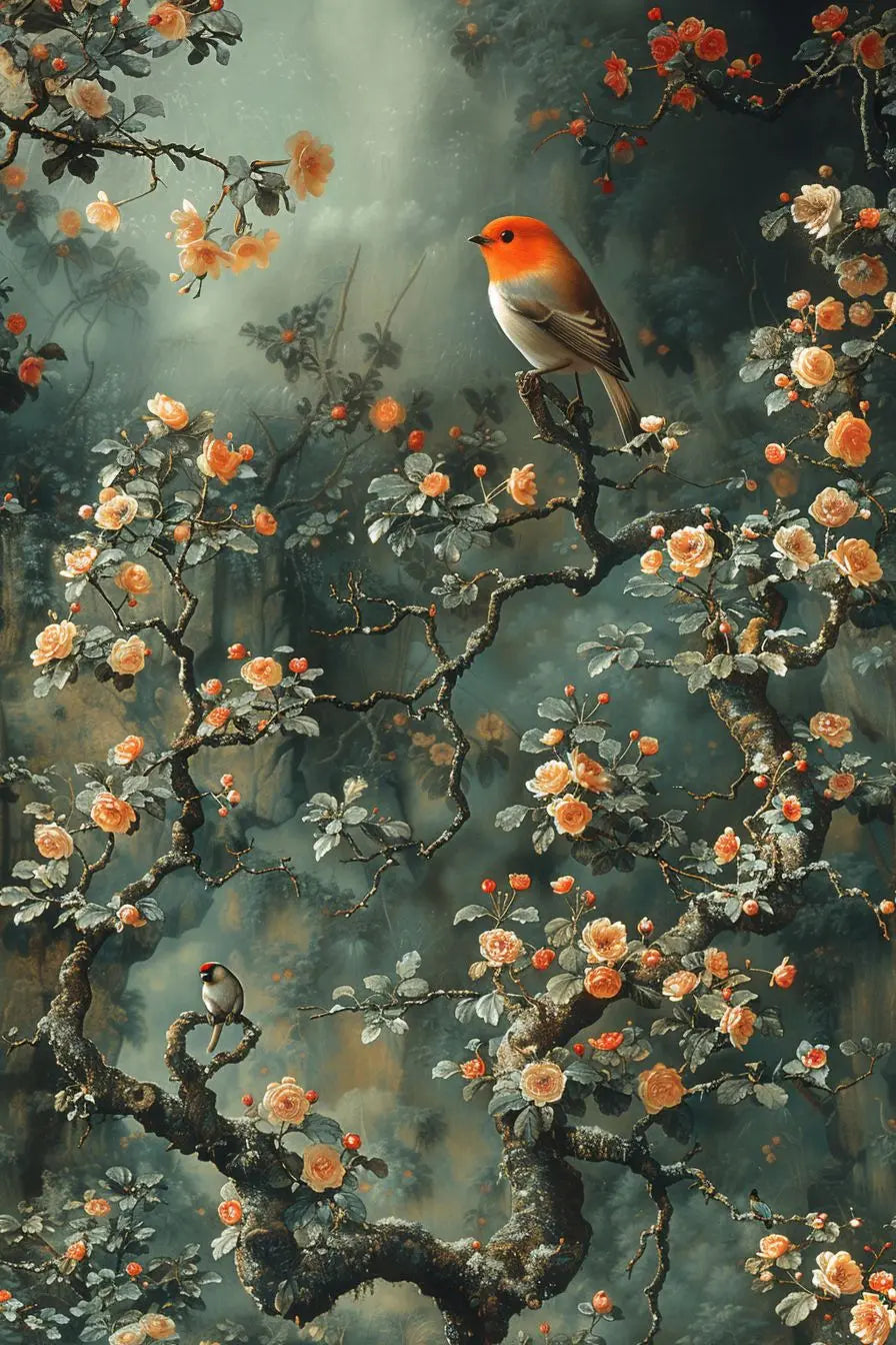 affiche artistique oiseau rouge fleurs blanches branches grises toile huile peinture salon décoration intérieure