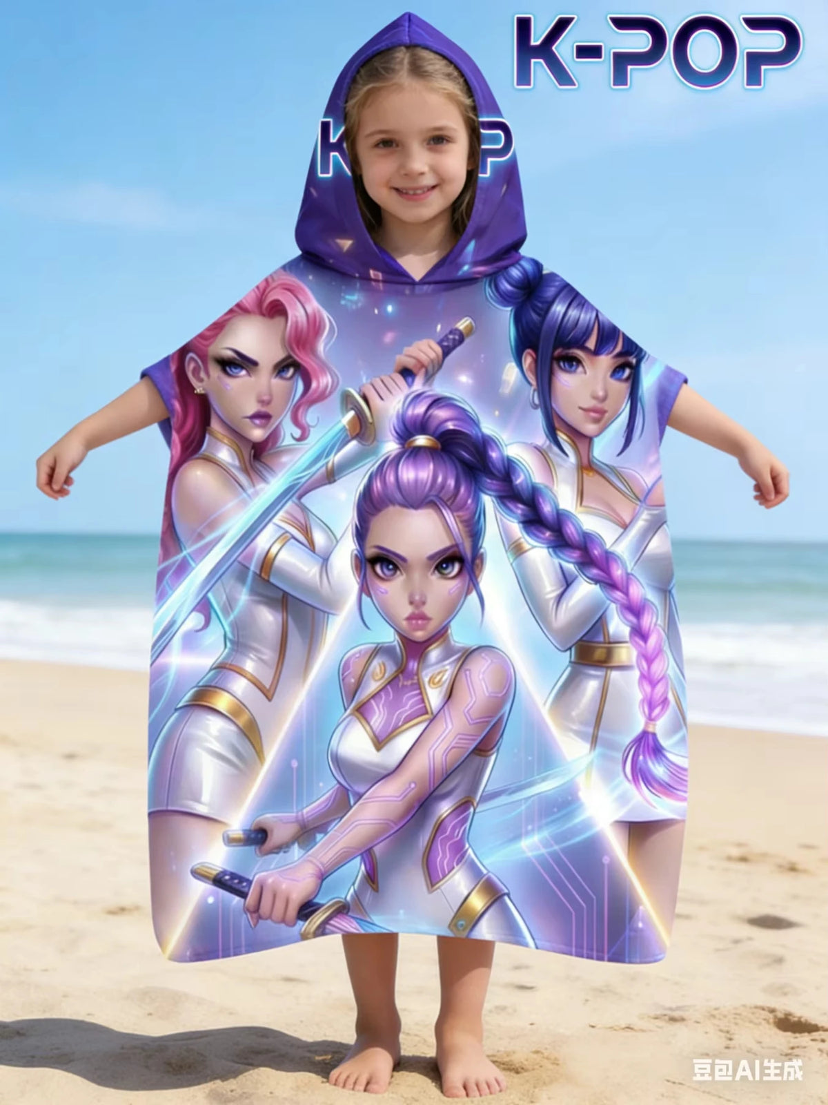 serviette plage violet blanc rose doré personnages épées séchage rapide absorption polyester moderne populaire