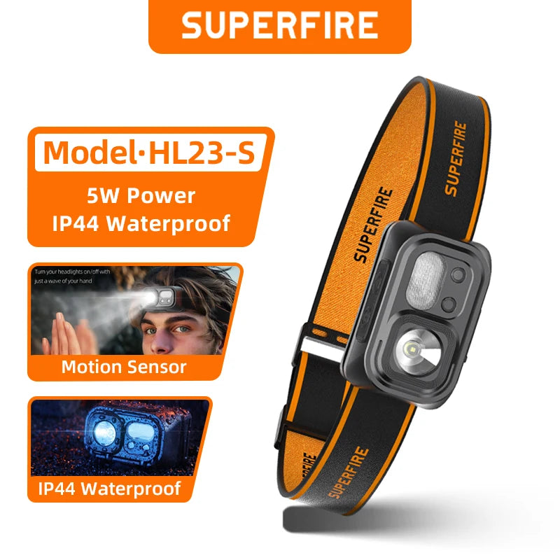 lampe frontale led noire orange rayures superfire ip44 modes sensor switch