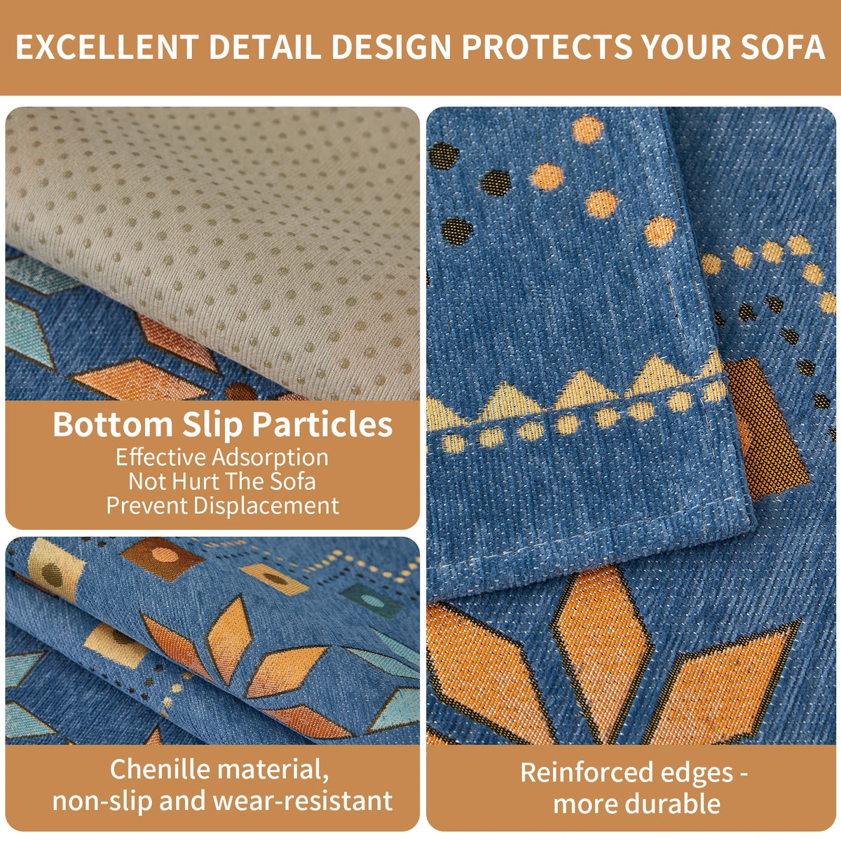 Housse canapé moderne ethnique bleu triangle motif coussins assortis polyester chenille machine lavable