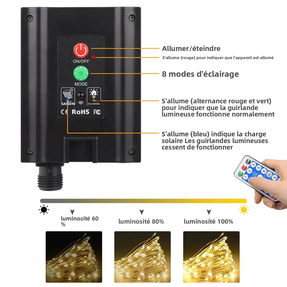 guirlande lumineuse solaire multicolore microleds moderne modes doré extérieur télécommande