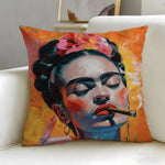 coussin contemporain zip invisible polyvalent orange bleu rouge peinture abstraite visage stylisé 45x45cm polyester