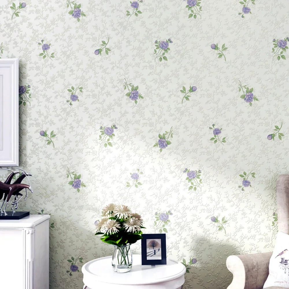 papier peint floral texturé blanc cassé rose violet bleu vert chambre salon étude enfants