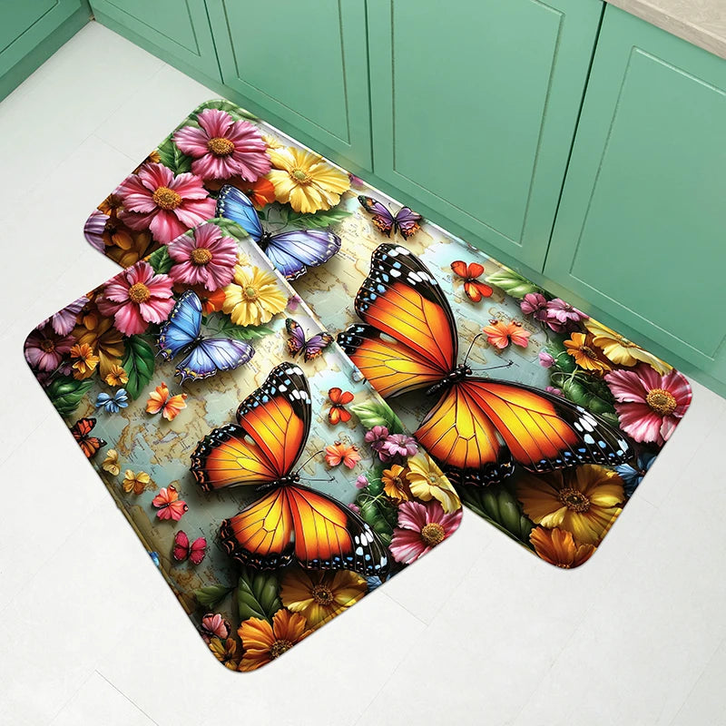 tapis sol antidérapant fleurs colorées moderne vert foncé bleu clair blanc absorbantintérieur chambre cuisine