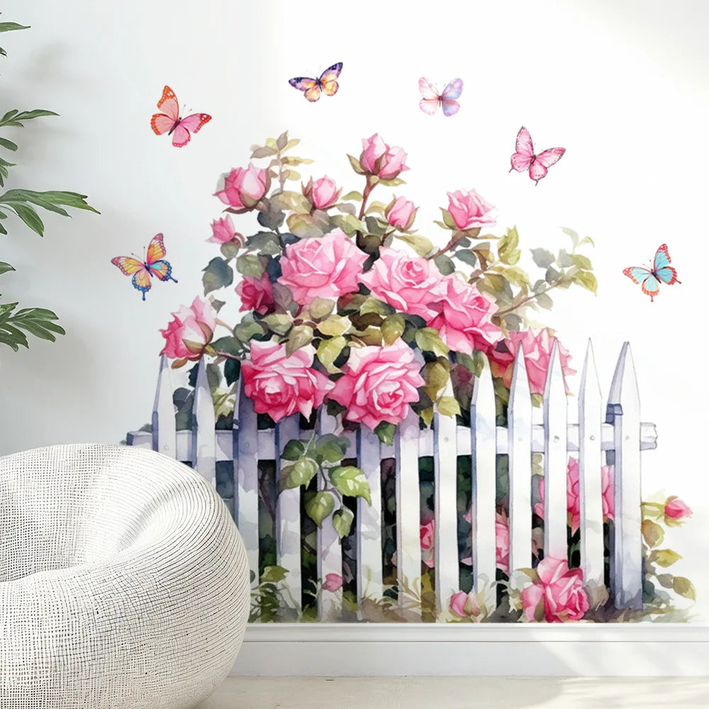 décoration murale adhésive sticker floral rose clôture papillons aquarelle chambre salon