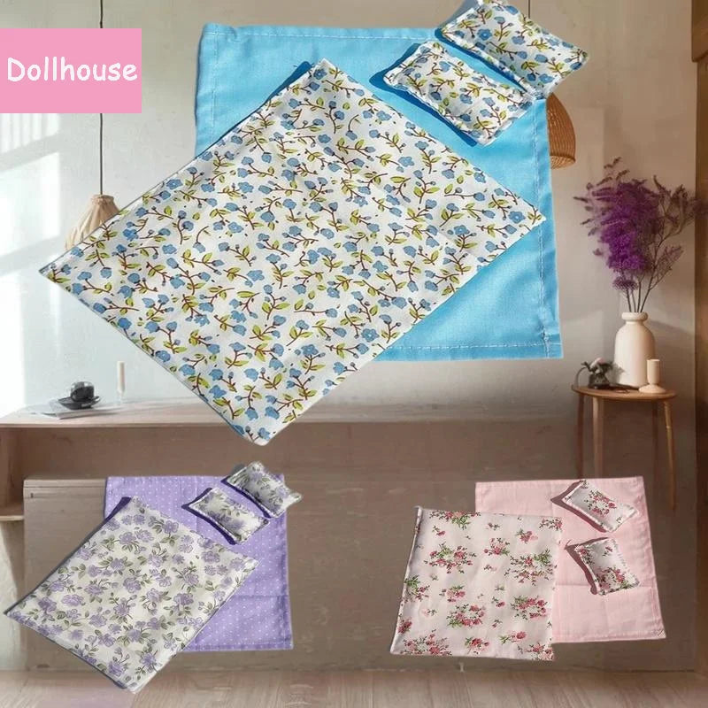 ensemble literie maison poupée lit tête lit métal couverture drap taies oreillers motifs floraux
