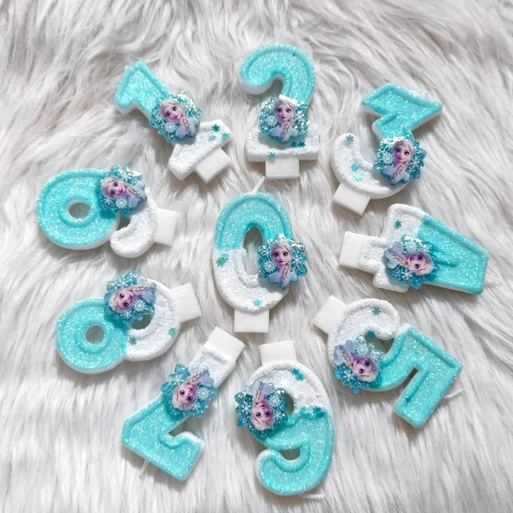 bougies anniversaire forme chiffres frozen elsa glitter bleu blanc decorative thème