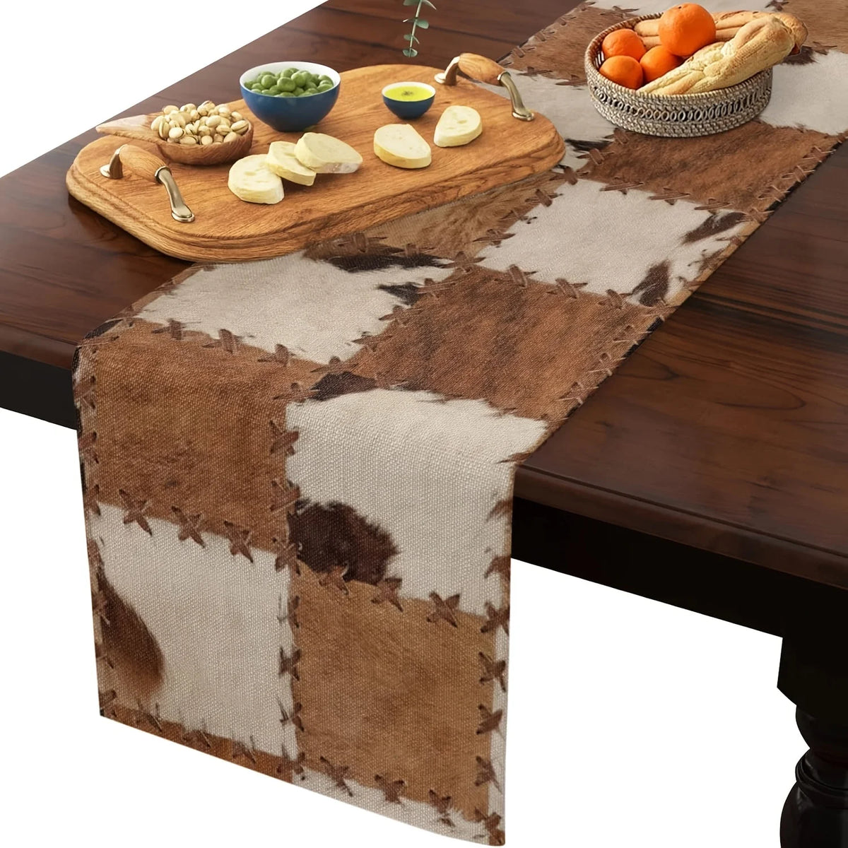 chinois table chemin patchwork cuir vache lin rustique marron blanc geometrique imprimé farmhouse deco