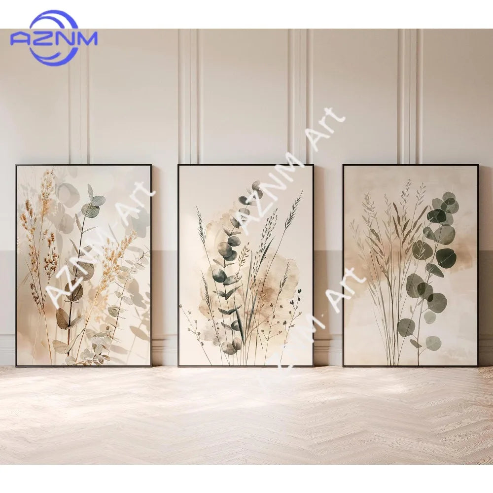 tableaux abstraits minimaliste fleurs séchées naturels beige gris vert cadres floraux decoration chambre triptyque