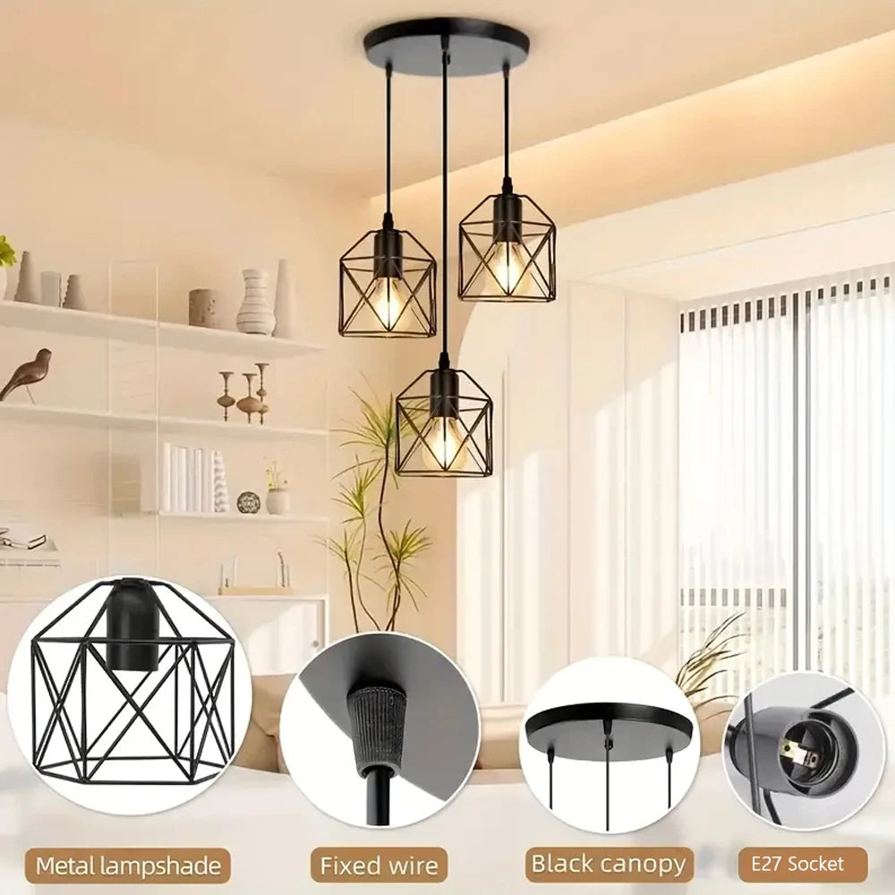 suspension industrielle moderne trois lumières abat jours métalliques noir doré adjustable
