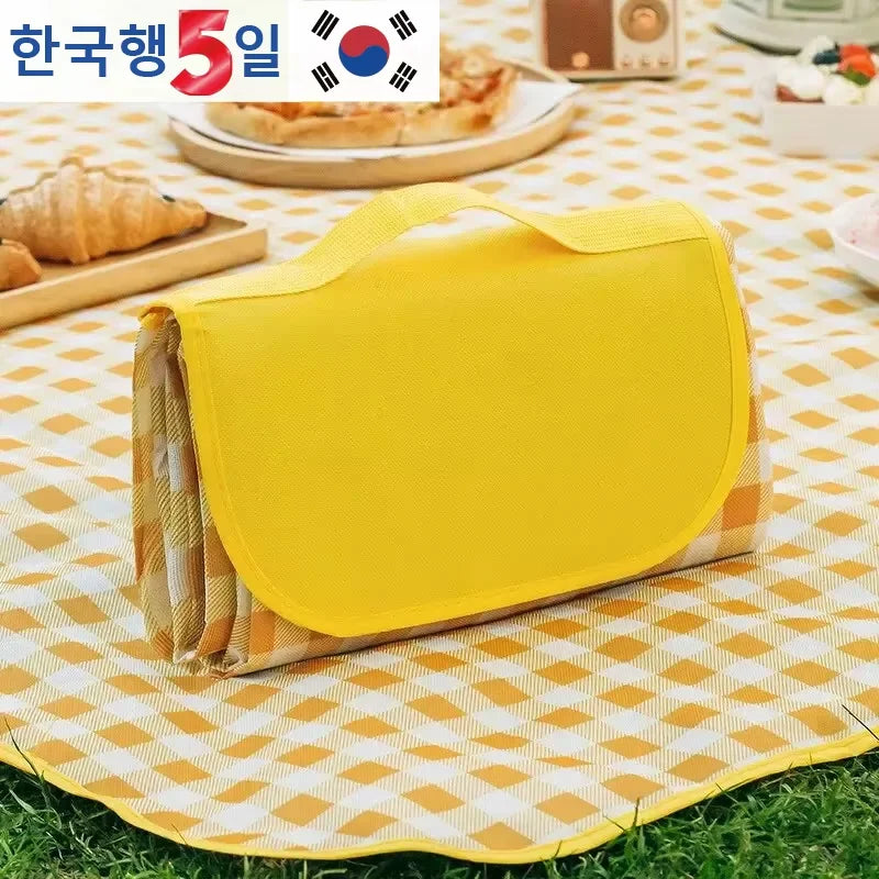 tapis pique nique jaune carreaux géométriques moderne imperméable poignées amovibles rangement portable