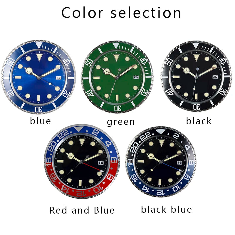 horloge murale plongée bleu vert rouge cadran lumineux aiguille quartz métal fixations
