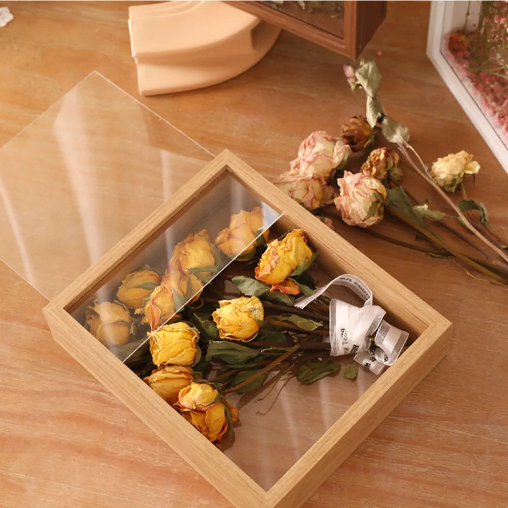 cadre fleurs séchées bois transparent bouquet display box storage décoration intérieure clips rustique naturel
