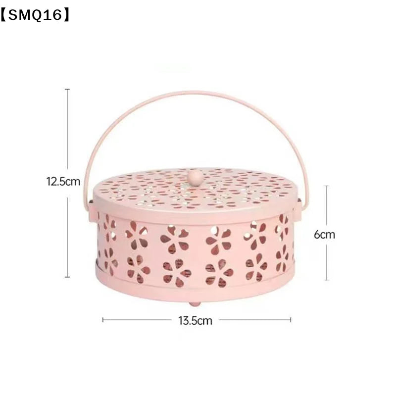 boîte bobines moustiques boîte aromathérapie bleu clair rose pâle moderne perforations floraux poignée métallique