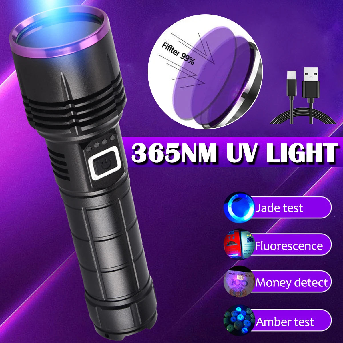 lampe torche uv noir indicateur batterie rechargeable filtre uv câble usb robuste moderne